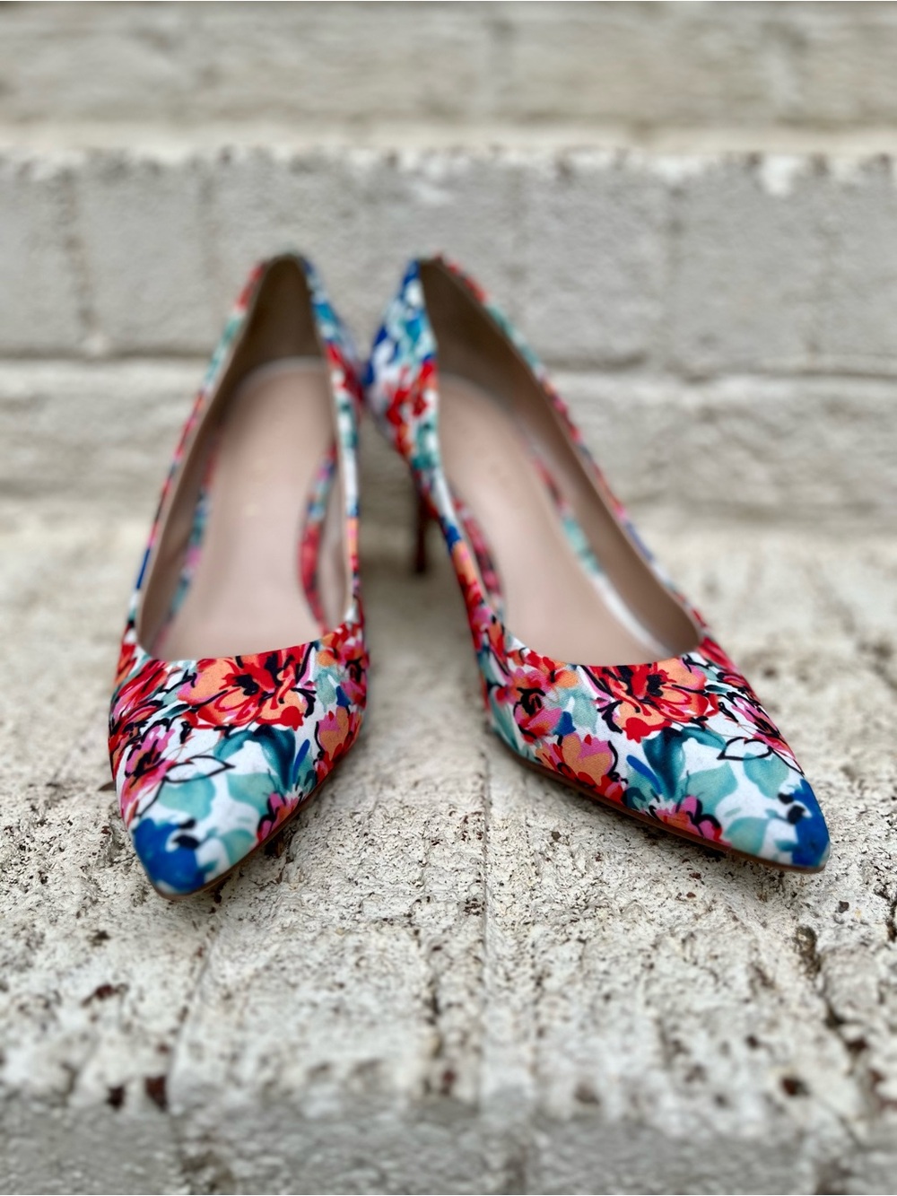 Kelly & Katie Floral Pointed-Toe Heels in Blue, Red, Pink, Green
